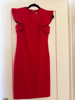 Calvin Klein Red Ruffle Shoulder Sheath Dress